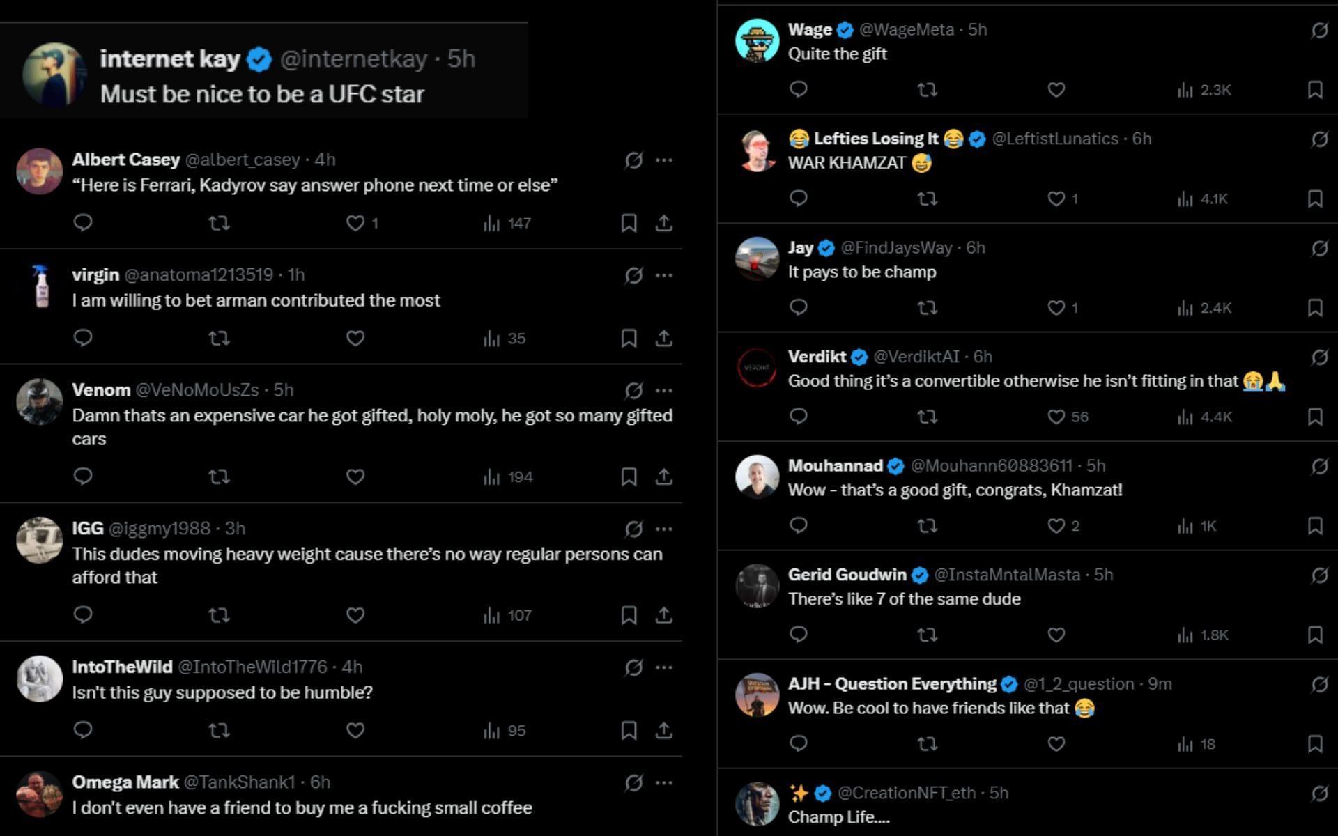 Fans react to Khamzat Chimaev receiving a car as a gift from friends. [Screenshots courtesy: @Home_of_Fight on X]]
