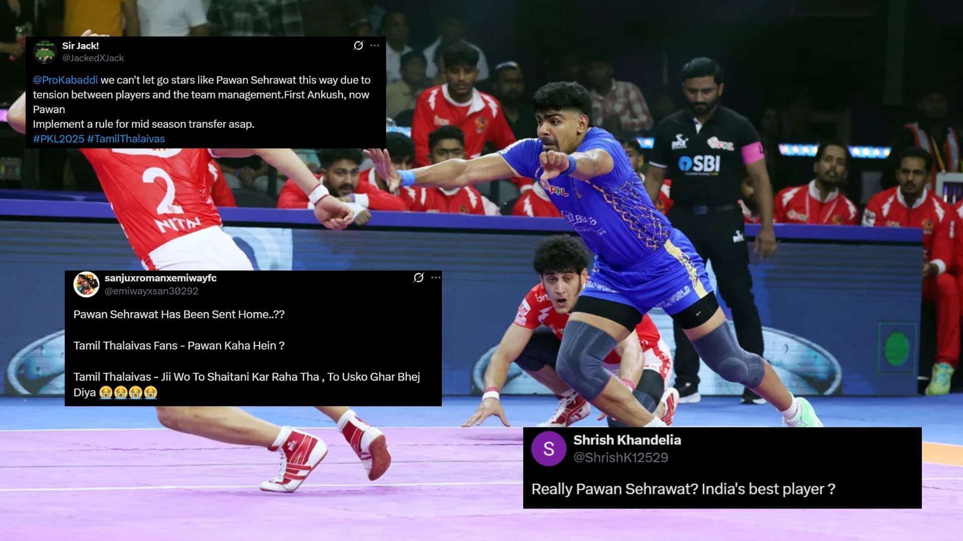Pawan Sehrawat in action for Tamil Thalaivas in Pro Kabaddi 2025 (Image Credits: PKL &amp; @JackedXJack,@ShrishK12529,@emiwayxsan30292/X)