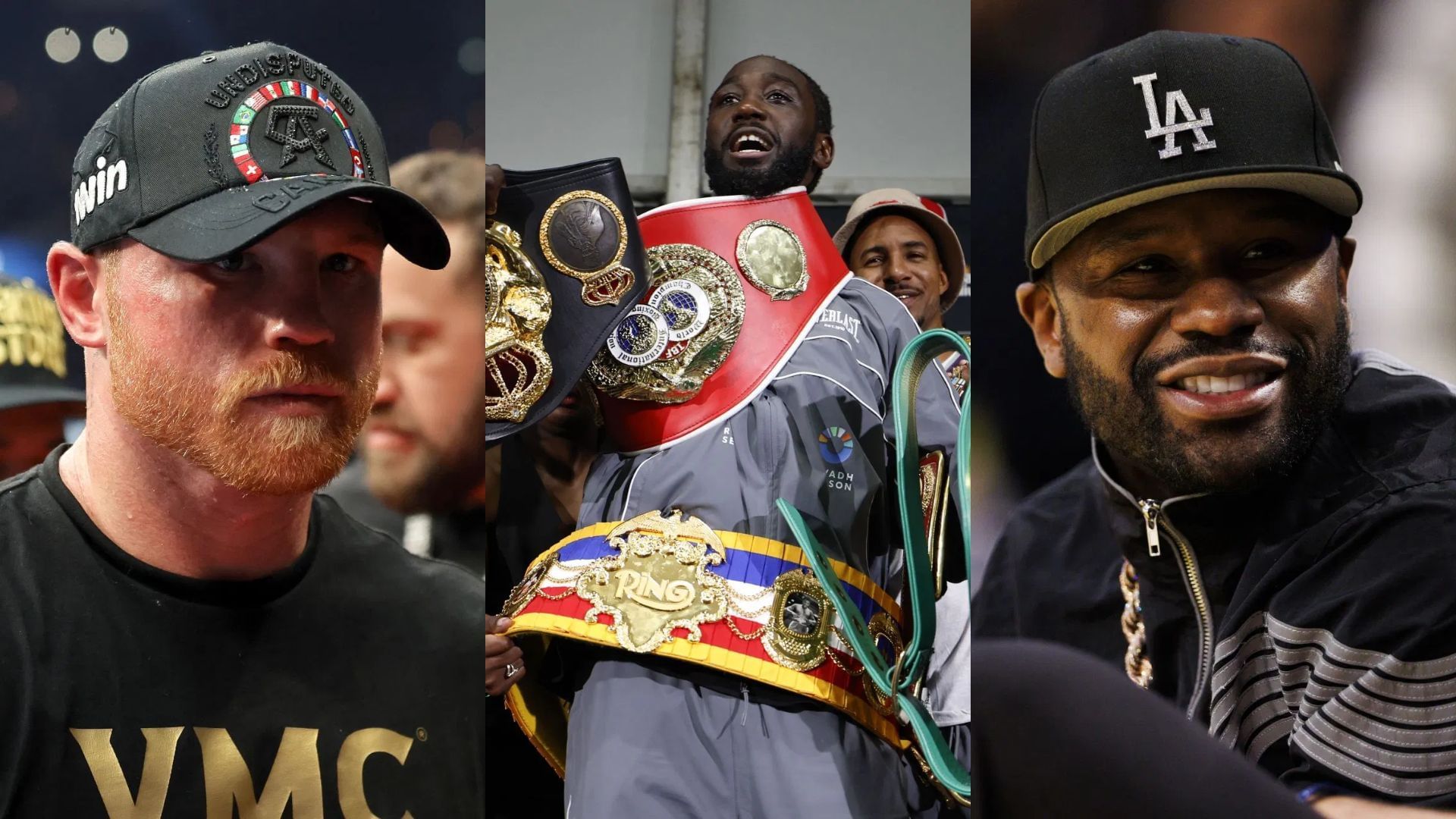 Canelo Alvarez (left) thinks Terence Crawford (middle) is better than Floyd Mayweather (right). [Images courtesy: Getty Images]