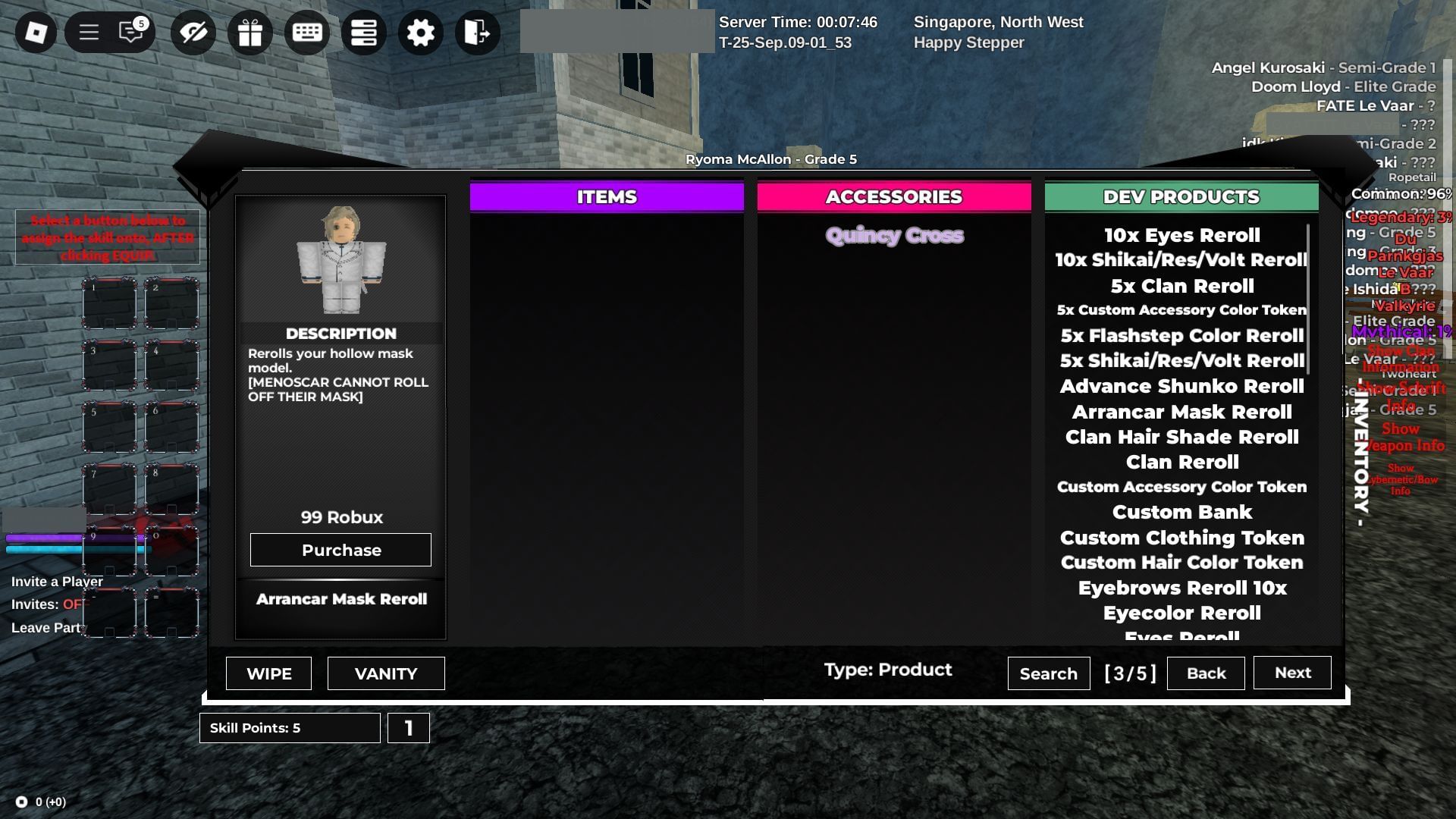 Arrancar Mask Rerolls in the Main Menu (Image via Roblox)