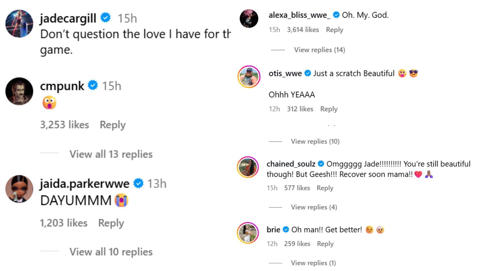 Superstars react to Jade Cargill&#039;s post [Image Credits: Cargill&#039;s Instagram]