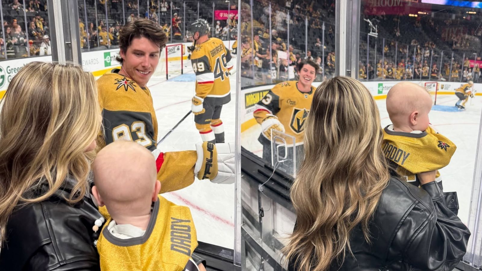 Mitch Marner shares adorable father-son moment across the glass with baby Miles in pre-season debut for Golden Knights 
