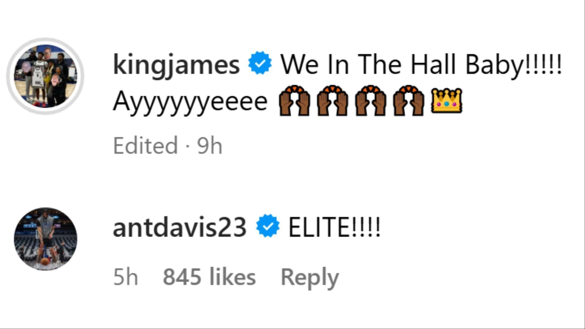 AD comments on LeBron&#039;s IG post. (Photo: @kingjames on IG)