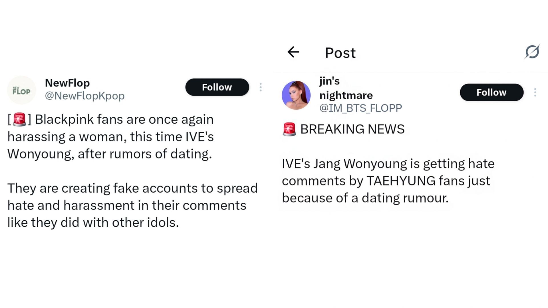 Wonyoung received hate comments (Images via X/@IM_BTS_FLOPP &amp; @NewFlopKpop)