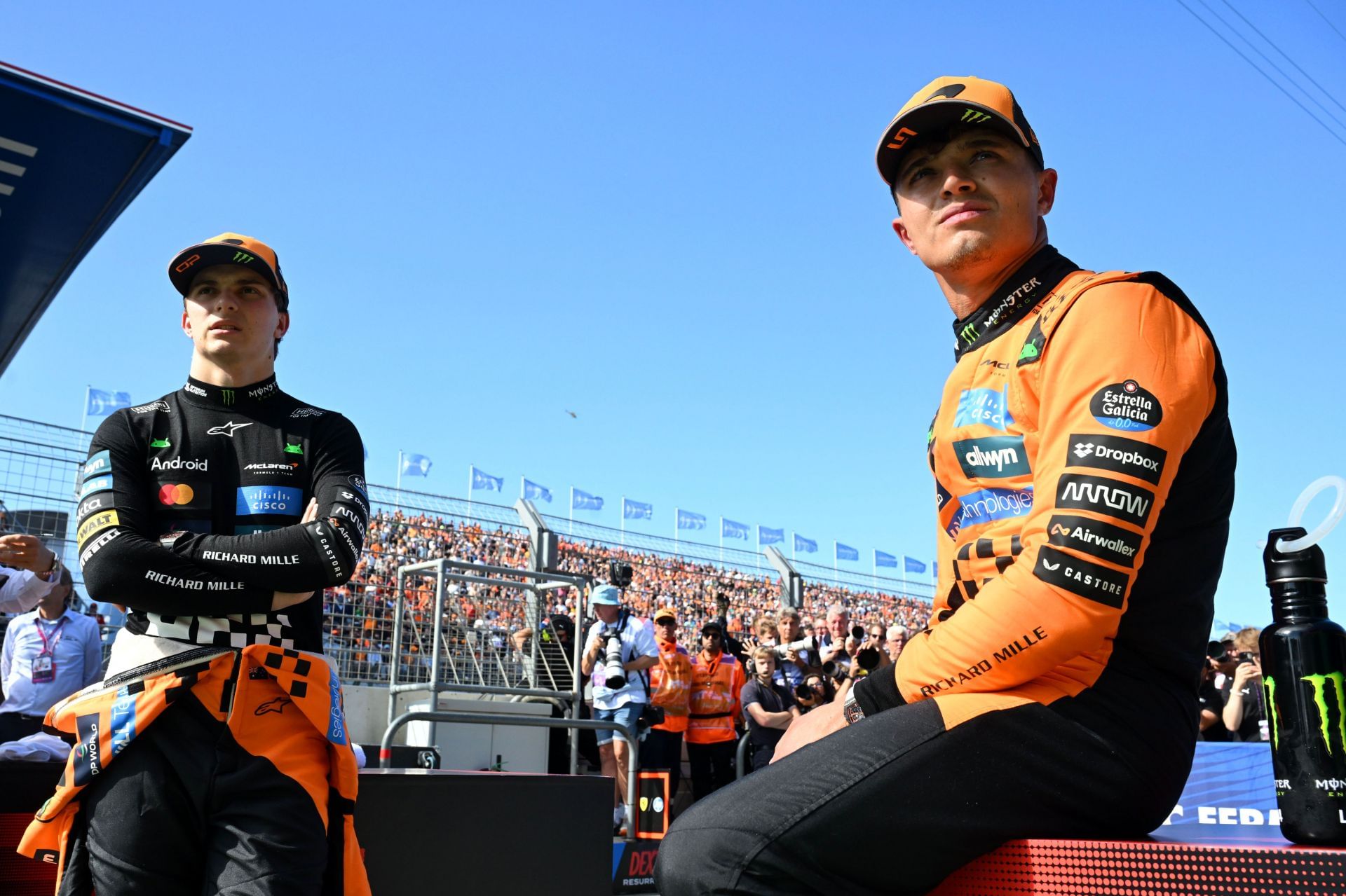 Oscar Piastri (L) and Lando Norris (R) at the 2025 F1 Grand Prix of the Netherlands race weekend - Source: Getty