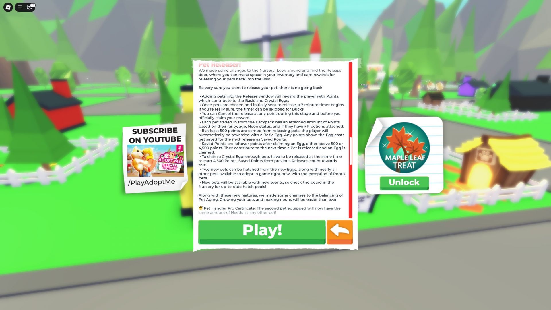 Patch note screenshot of the Pet Releaser in Adopt Me (Image via Roblox)
