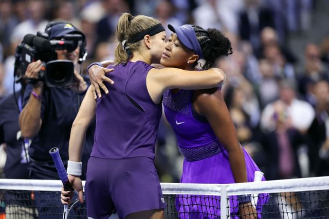 Karolina Muchova (left) and Naomi Osaka (right) embrace after the conclusion of their 2025 US Open women's singles quarterfinal match (Source: Getty)