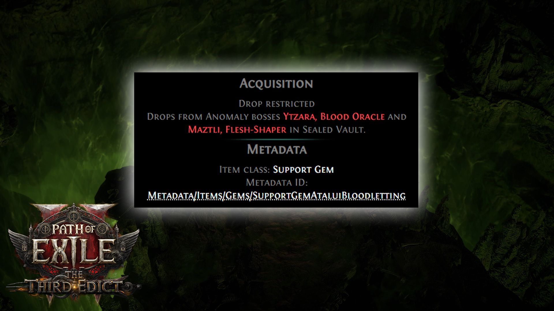 The Atalui&rsquo;s Bloodletting gem exclusively drops from Anomaly bosses inside Sealed vaults of Path of Exile 2 (Image via Grinding Gear Games)