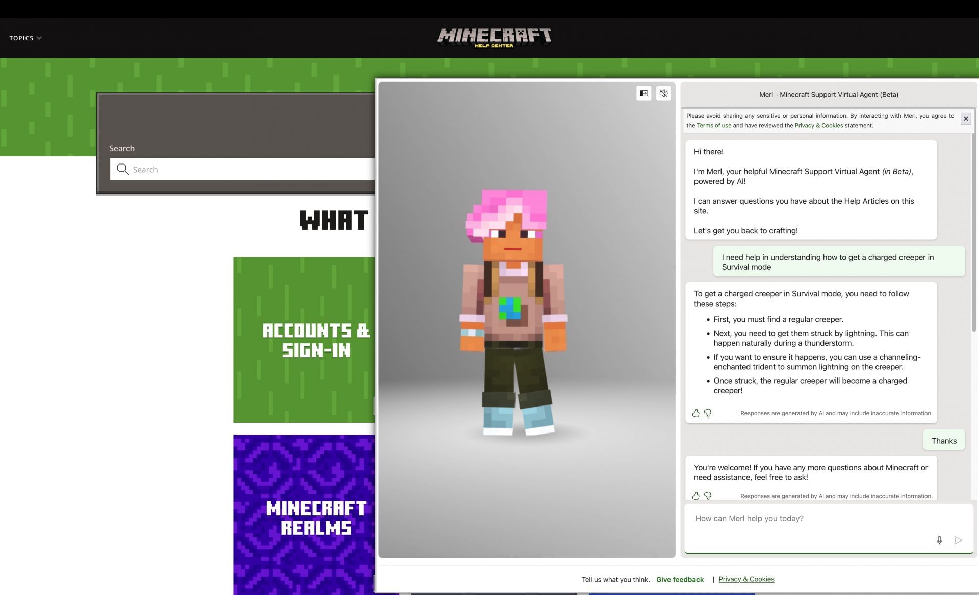 Merl can answer questions about the gameplay mechanics as well (Image via Mojang Studios)