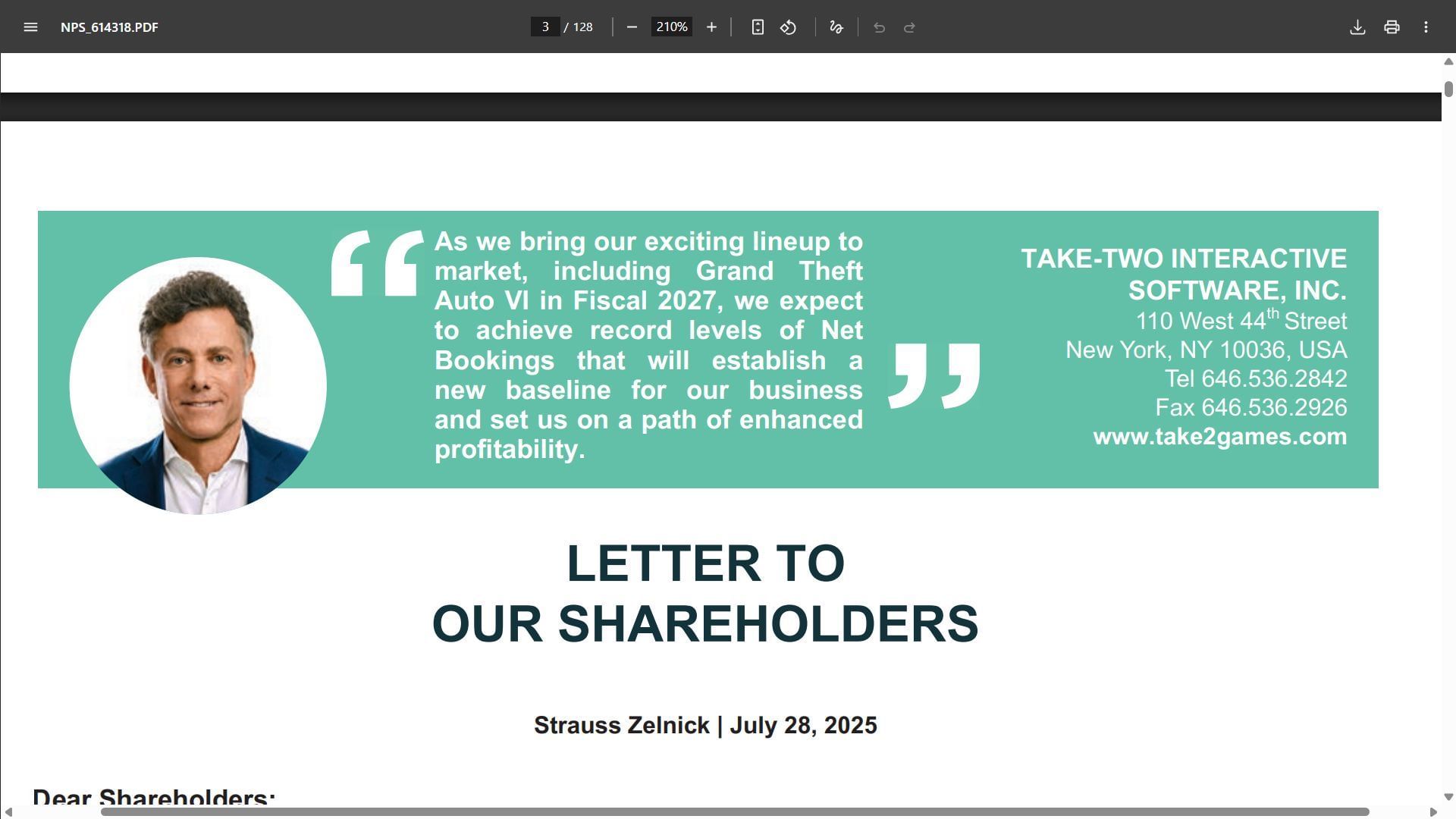 Screenshot of the Proxy Statement provided by Take-Two (Image via Sportskeeda Gaming || Take-Two Interactive)