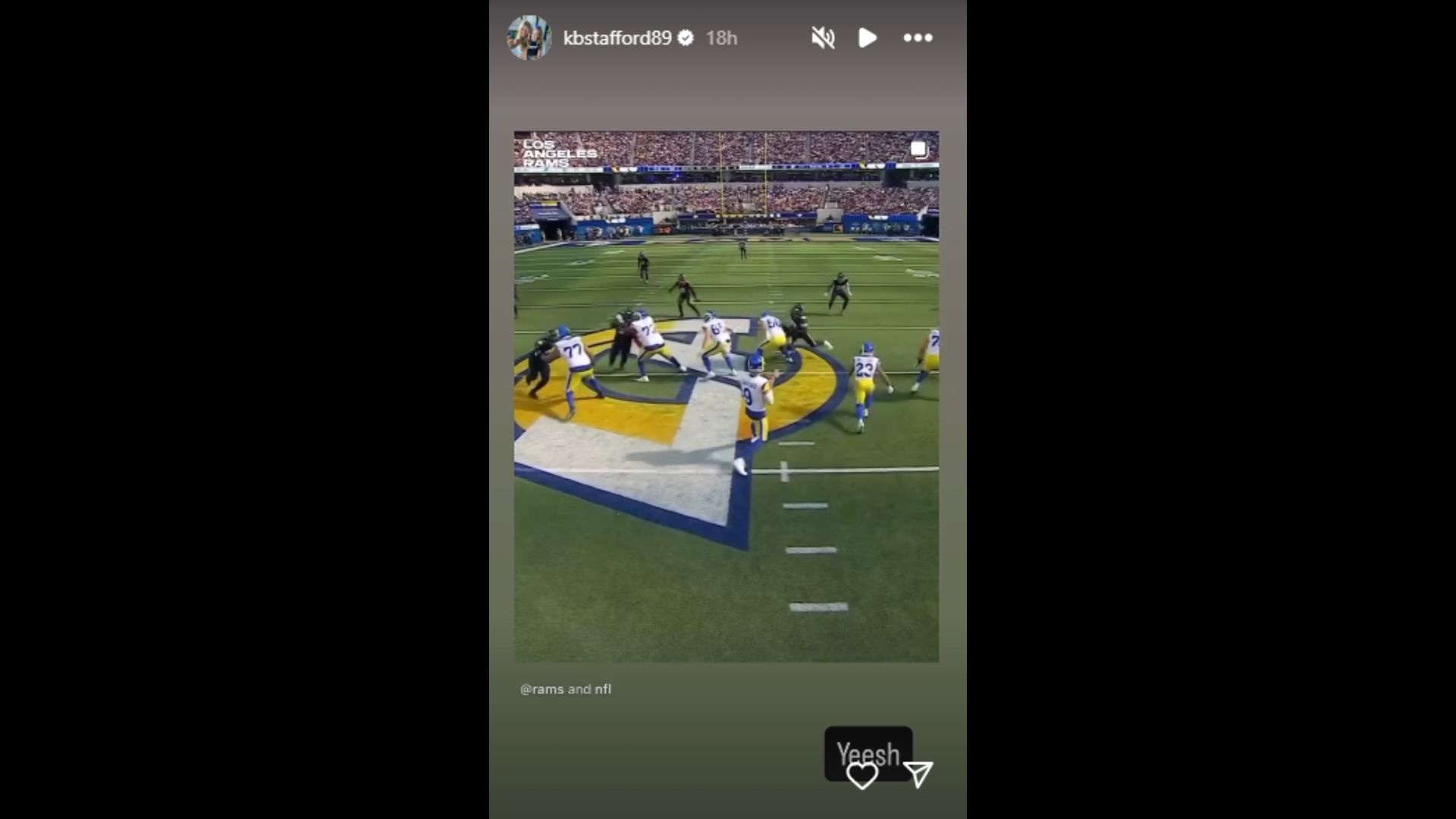 Kelly Stafford had a one-word response to her husband&#039;s epic play in Week 1. (Photo via Kelly Stafford&#039;s Instagram Story)