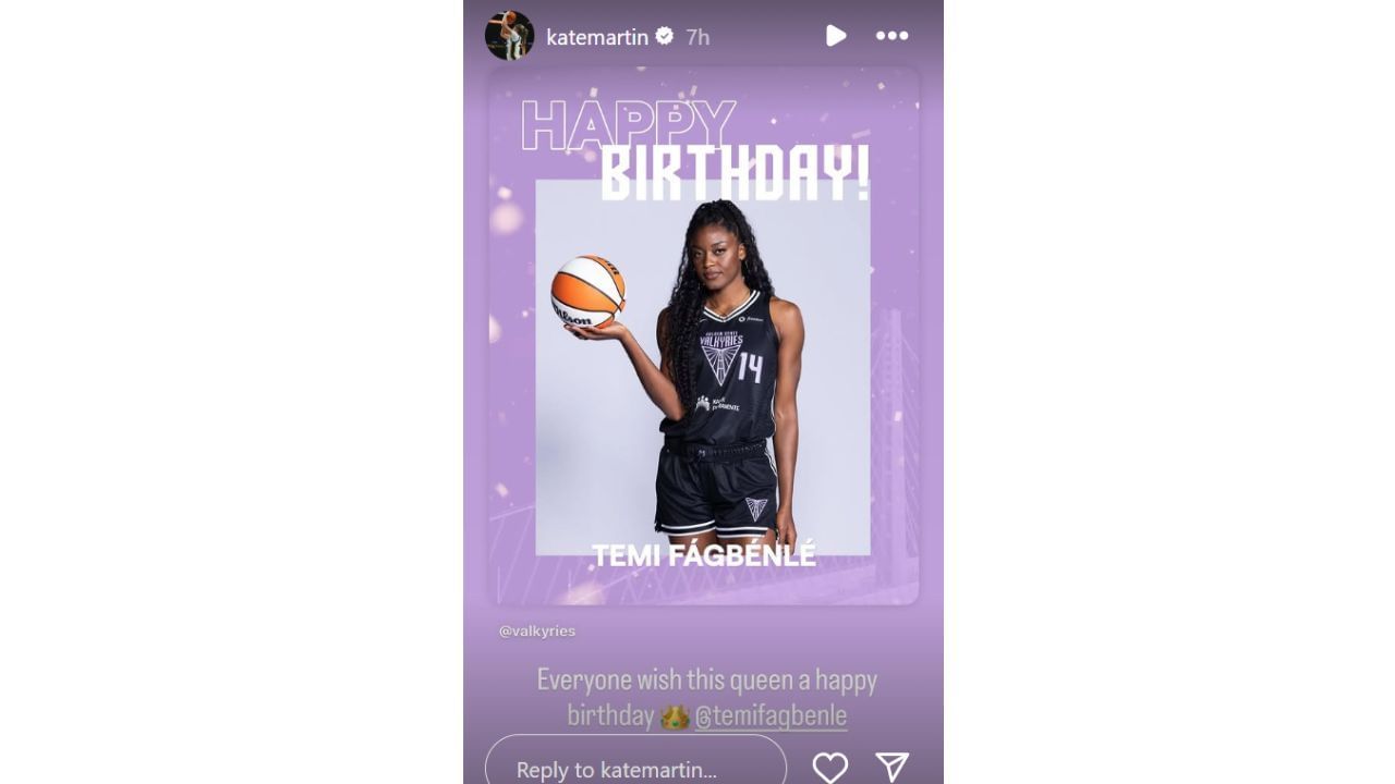Kate Martin greeting birthday celebrant and Golden State Valkyries teammate Temi Fagbenle Sunday on Instagram. [photo: @katemartin/IG]