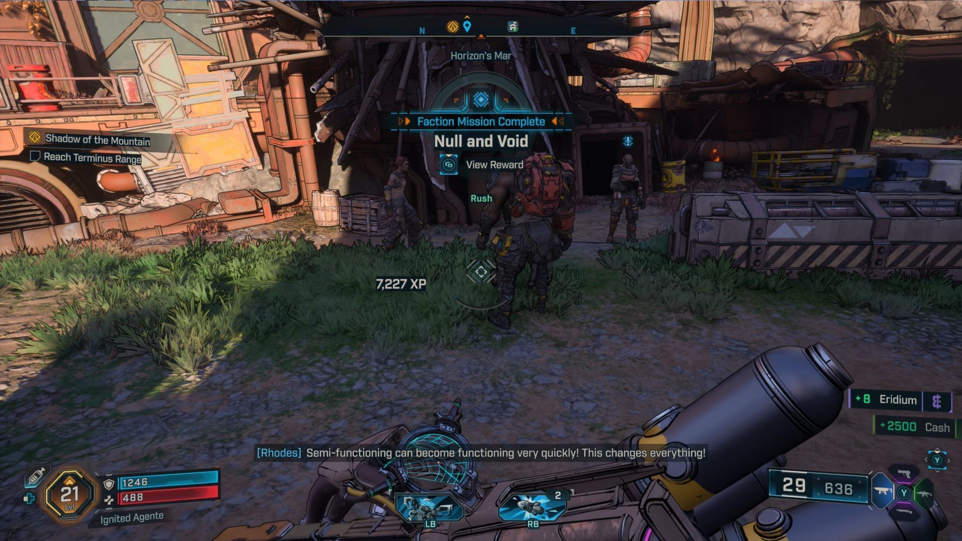 Talk to the Outbounders outside the camp to finish the quest (Image via Gearbox Software)