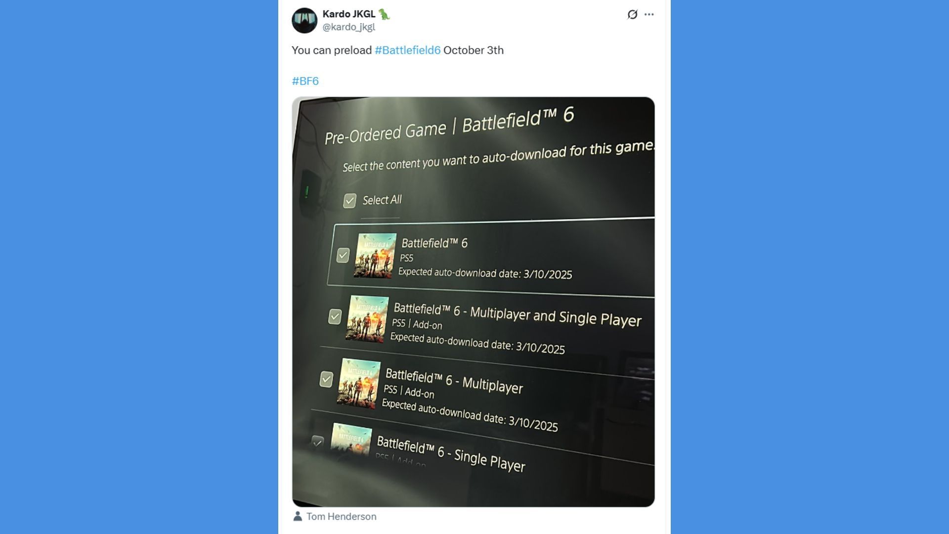 A snapshot of the Battlefield 6 pre-load on PlayStation (Image via X / @kardo_jkgl)
