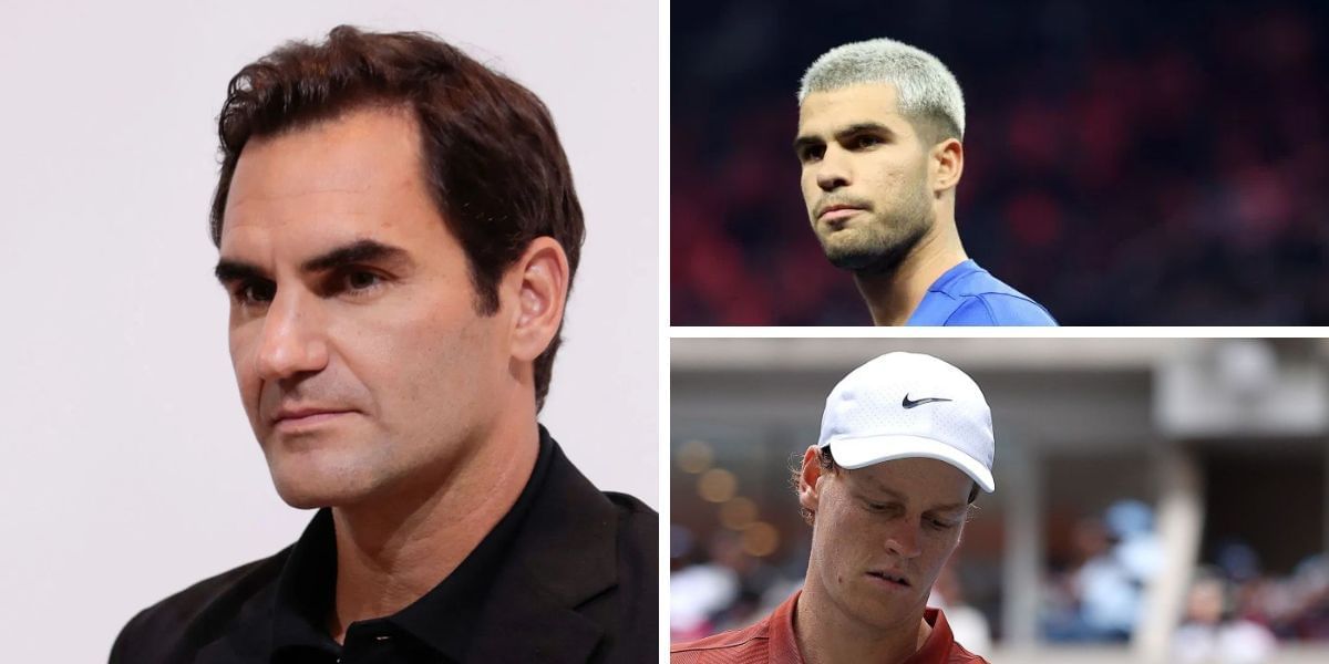 Roger Federer (left), Carlos Alcaraz (top right), Jannik Sinner (bottom right), Sources: Getty