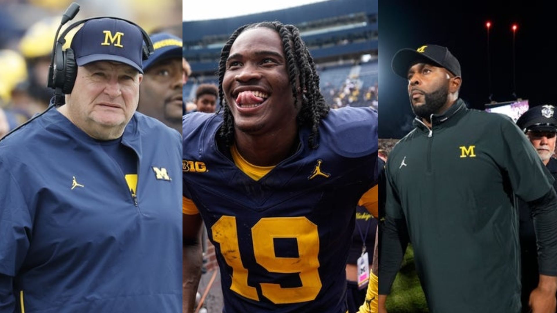 Michigan assistant coach Biff Poggi (left), quarterback Bryce Underwood (middle) and coach Sherrone Moore (right) (Image Source: IMAGN)