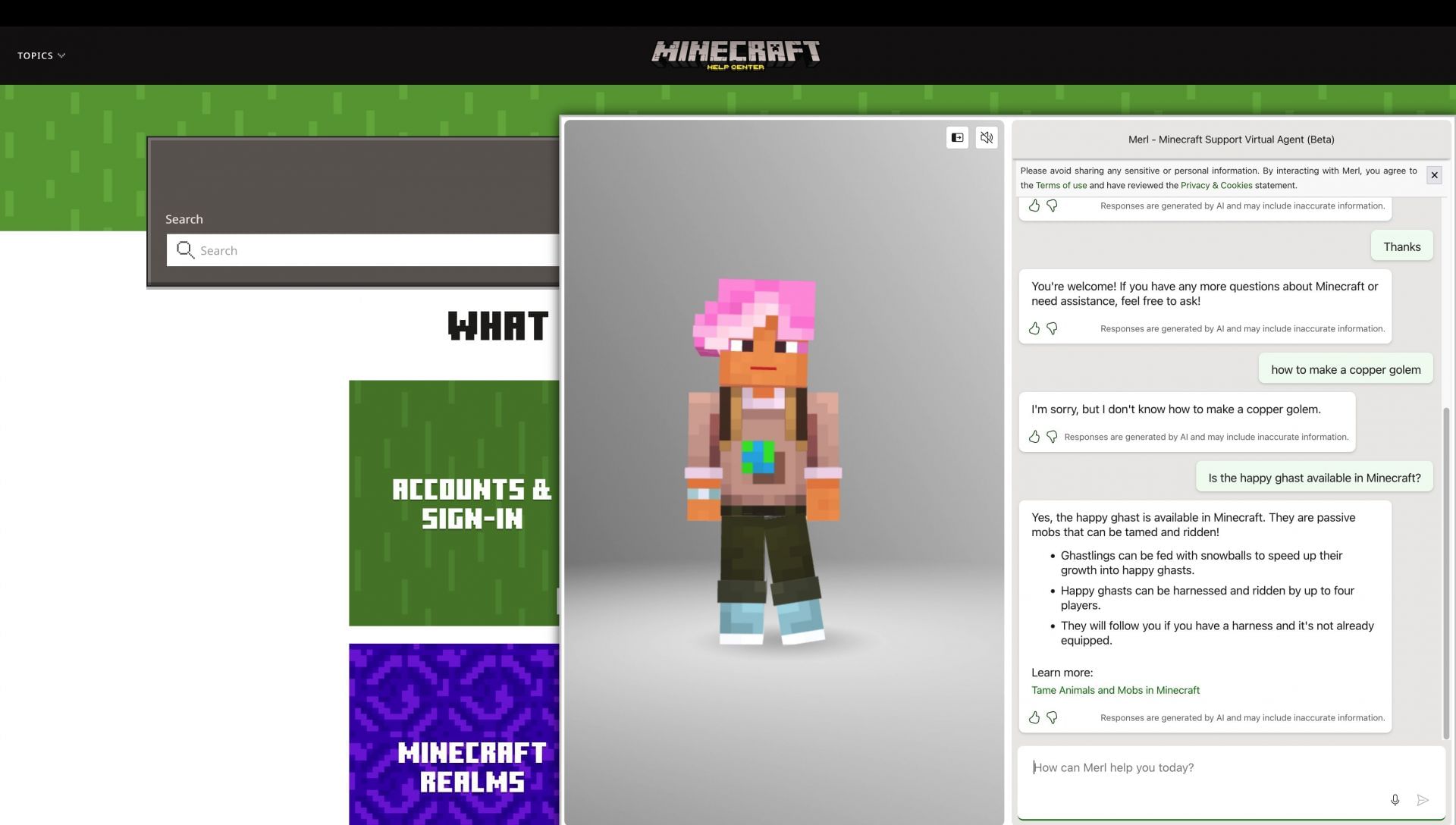 The assistant cannot answer questions about unreleased or beta updates (Image via Mojang Studios)