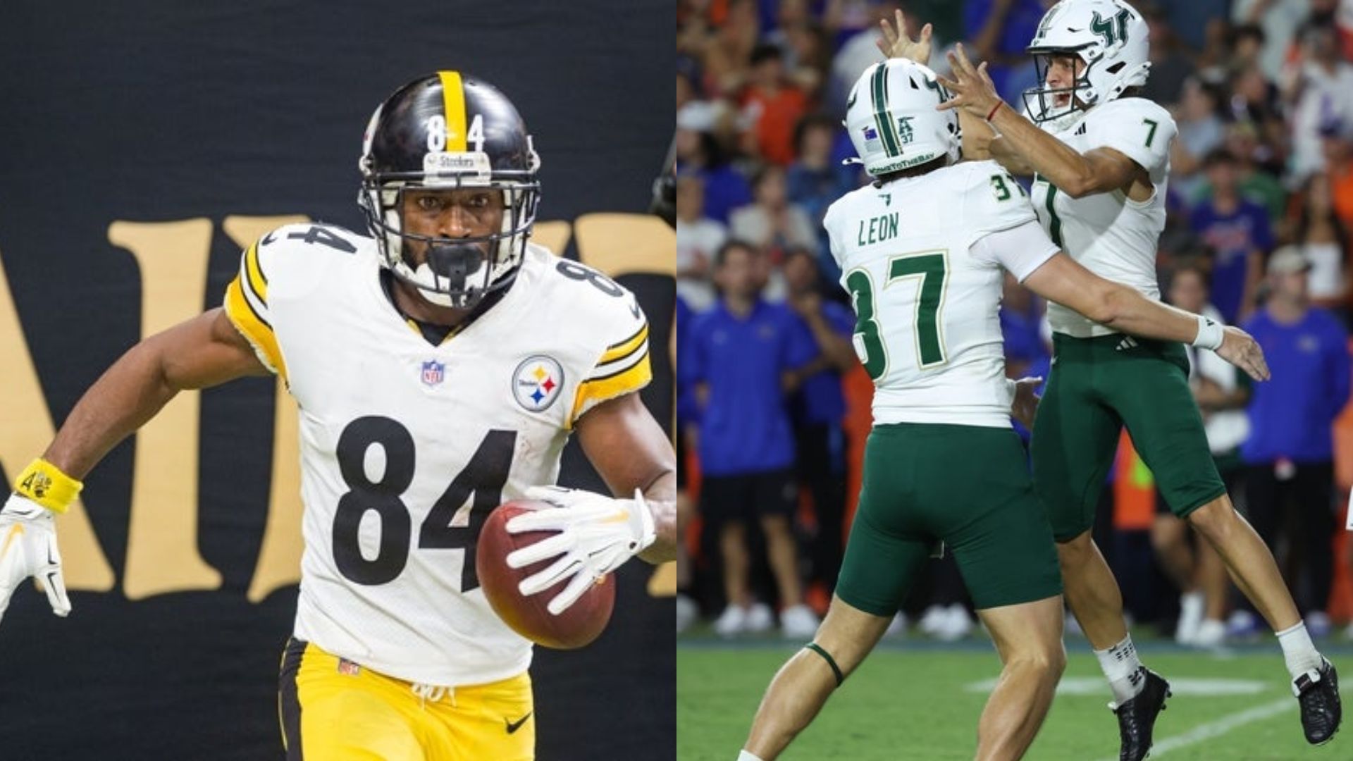Antonio Brown (left) and South Florida players Chase Leon and Nico Gramatica (right) (Image Source: IMAGN)