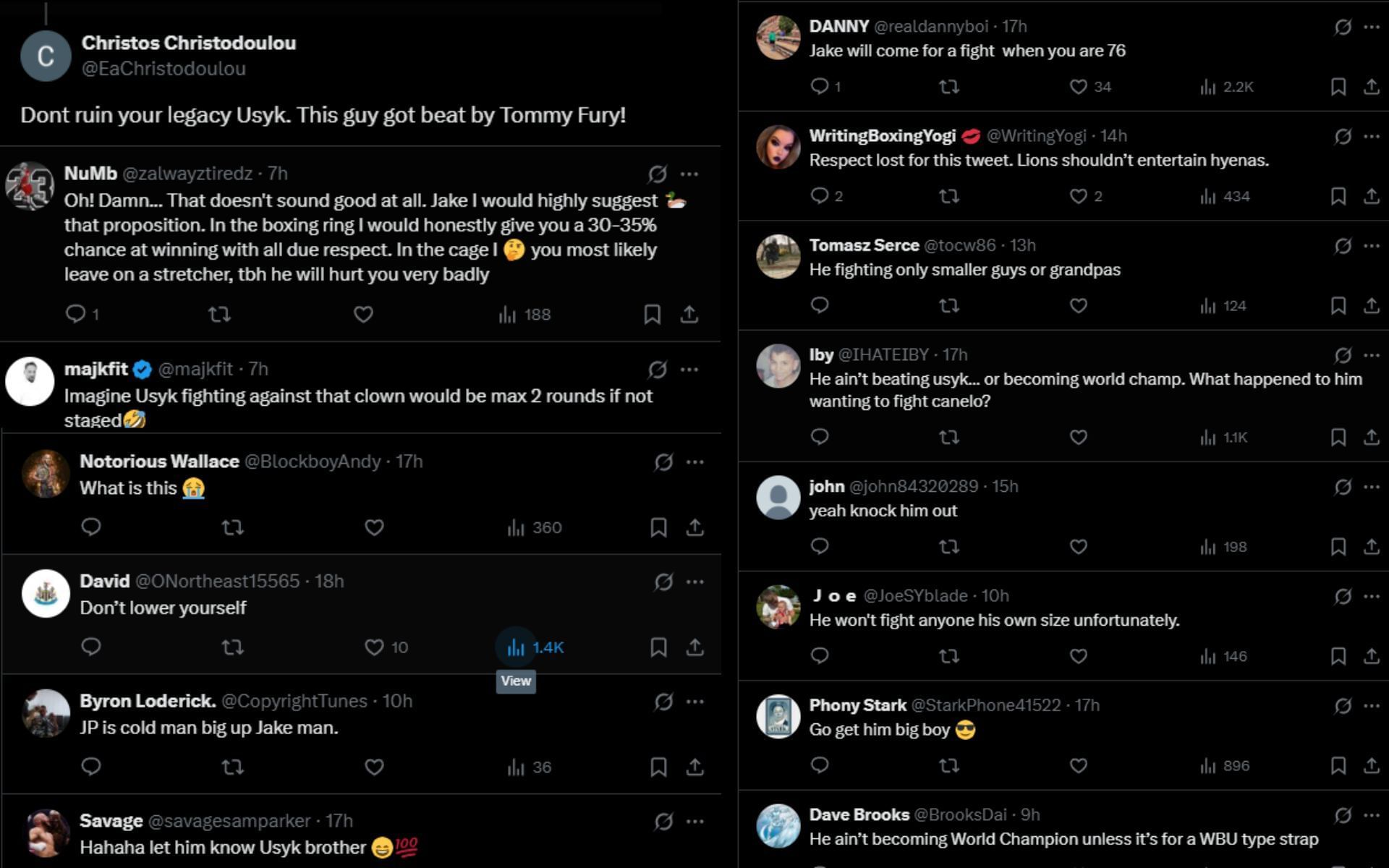 Fans react to Oleksandr Usyk responding to Jake Paul&#039;s challenge. [Screenshots courtesy: @usykaa on X]