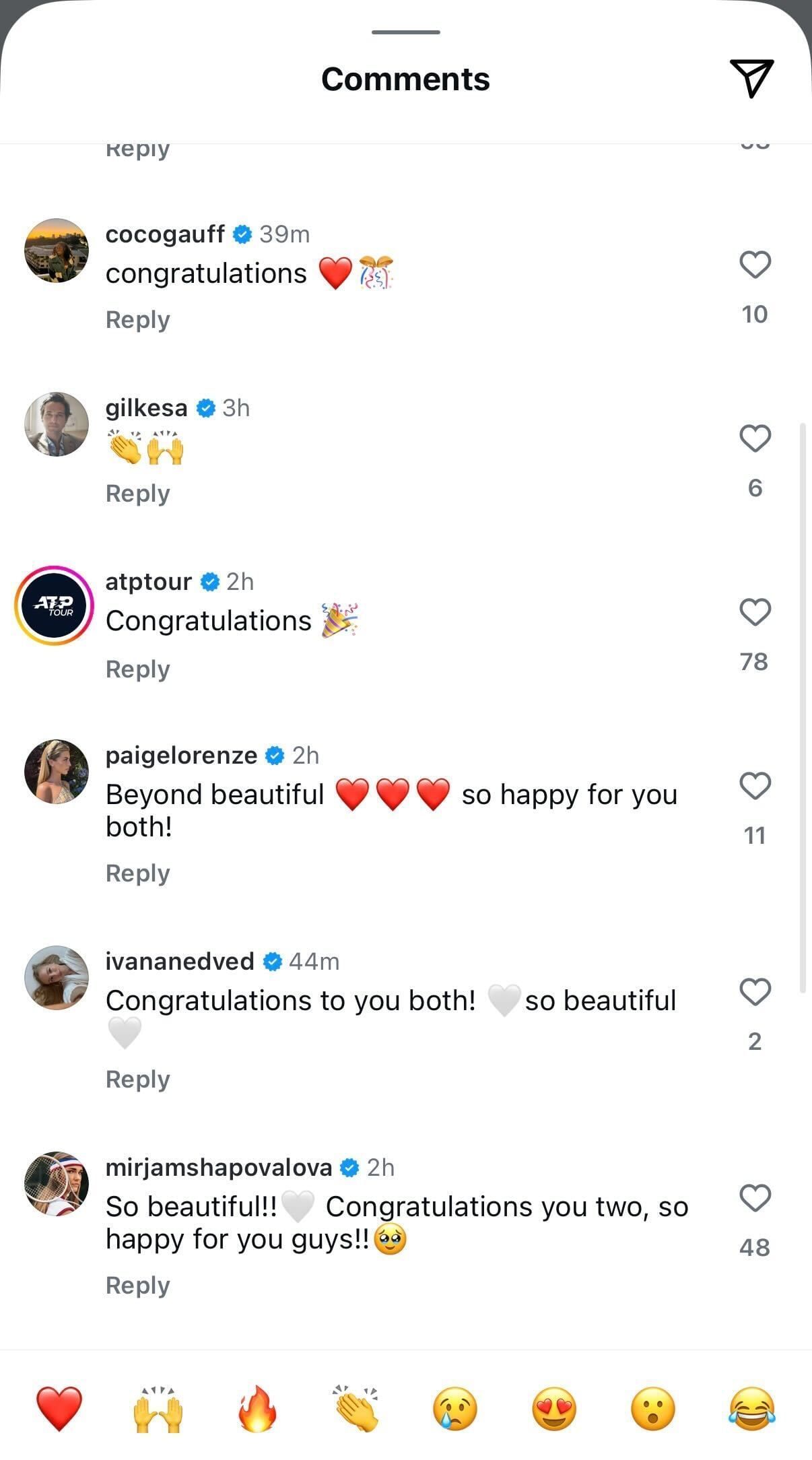 Congratulatory comments written by Coco Gauff, Alexander Gilkes and others on Felix Auger-Aliassime&#039;s Instagram post (Source: Instagram/felixaliassime)