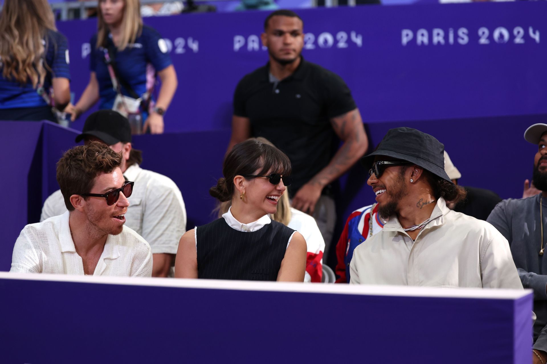  Shaun White (L), Nina Dobrev (C), and Lewis Hamilton (R) at the Olympic Games Paris 2024 - Source: Getty