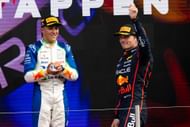 Isack Hadjar with Max Verstappen on the podium after the F1 Dutch Grand Prix - Source: Getty
