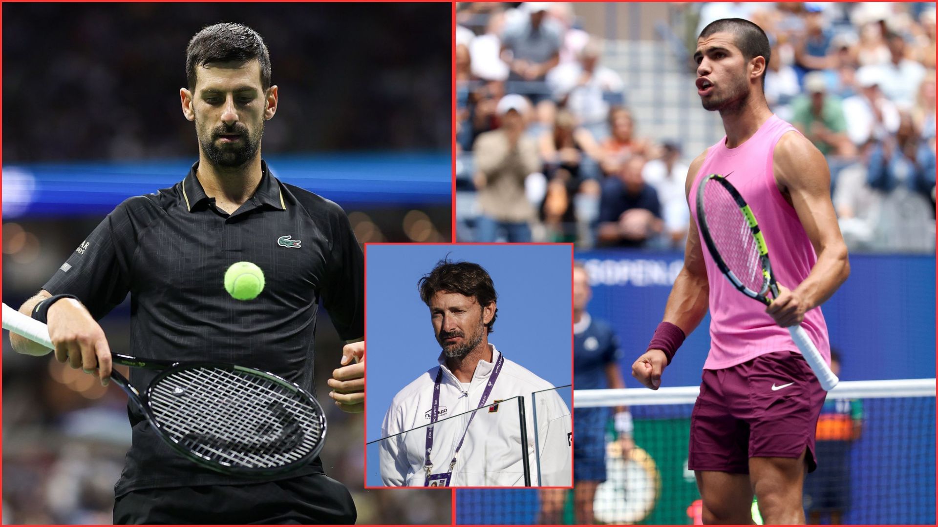(L-R) Novak Djokovic, Juan Carlos Ferrero (inset), and Carlos Alcaraz | Getty