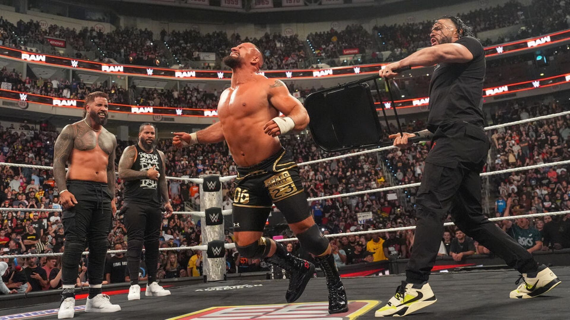 The Usos won the latest showdown with the Vision. (Image Credit: WWE.com).