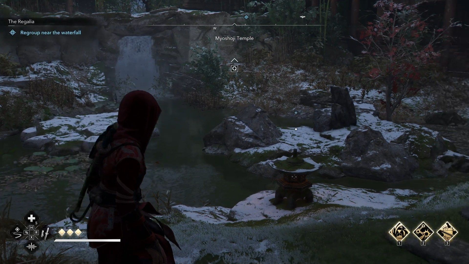 Wait for Yasuke near the waterfall (Image via Ubisoft)