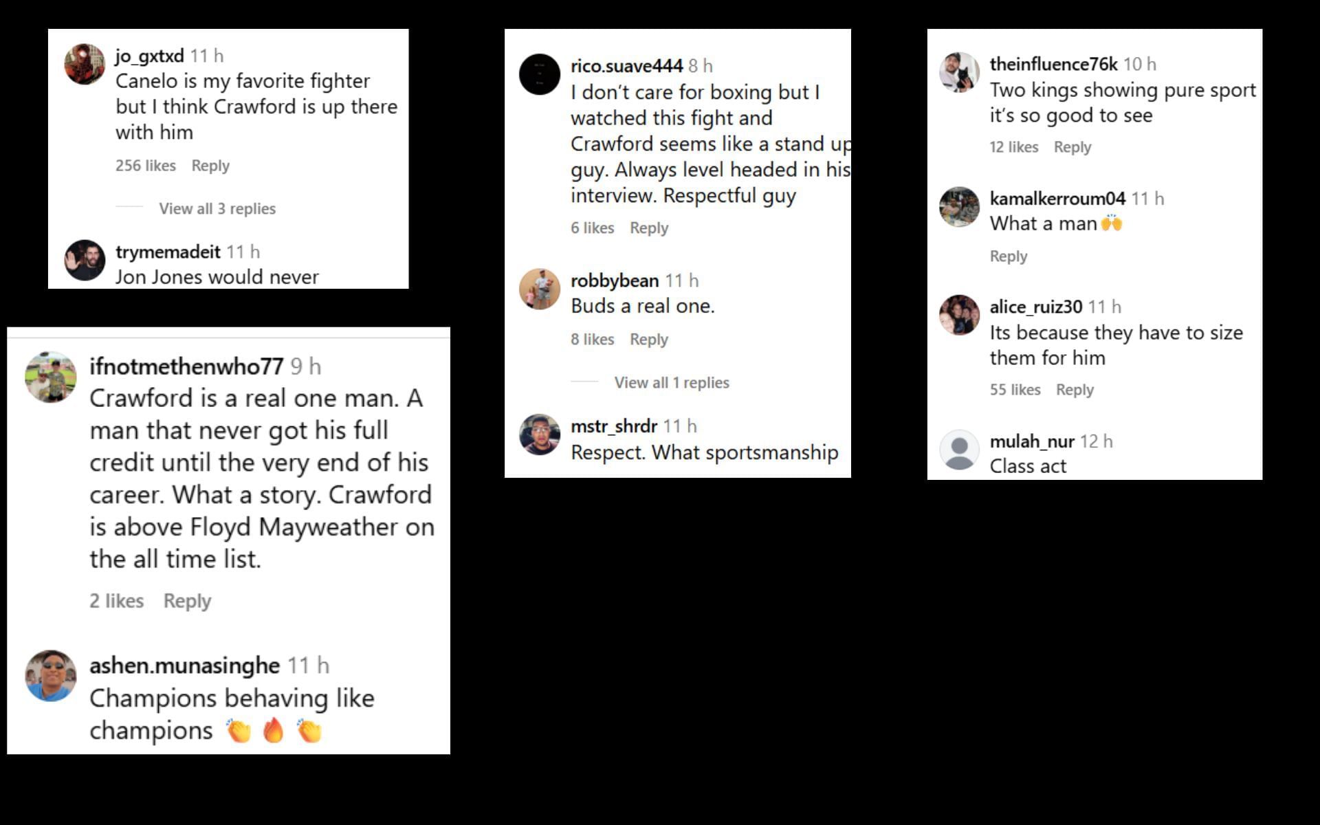 Fans react to Terence Crawford handing Canelo Alvarez his belts after win. [Screenshots courtesy: @standemup on Instagram]