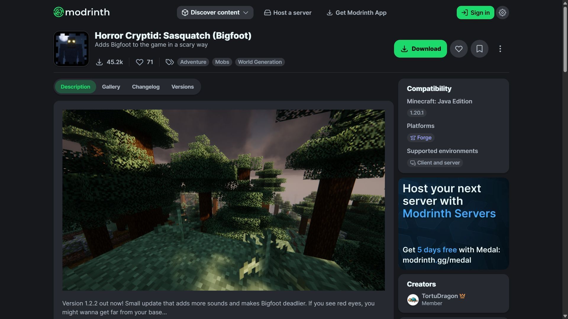 Horror Cryptid: Sasquatch (Bigfoot) mod can be downloaded from the Modrinth website (Image via Modrinth/TortuDragon)