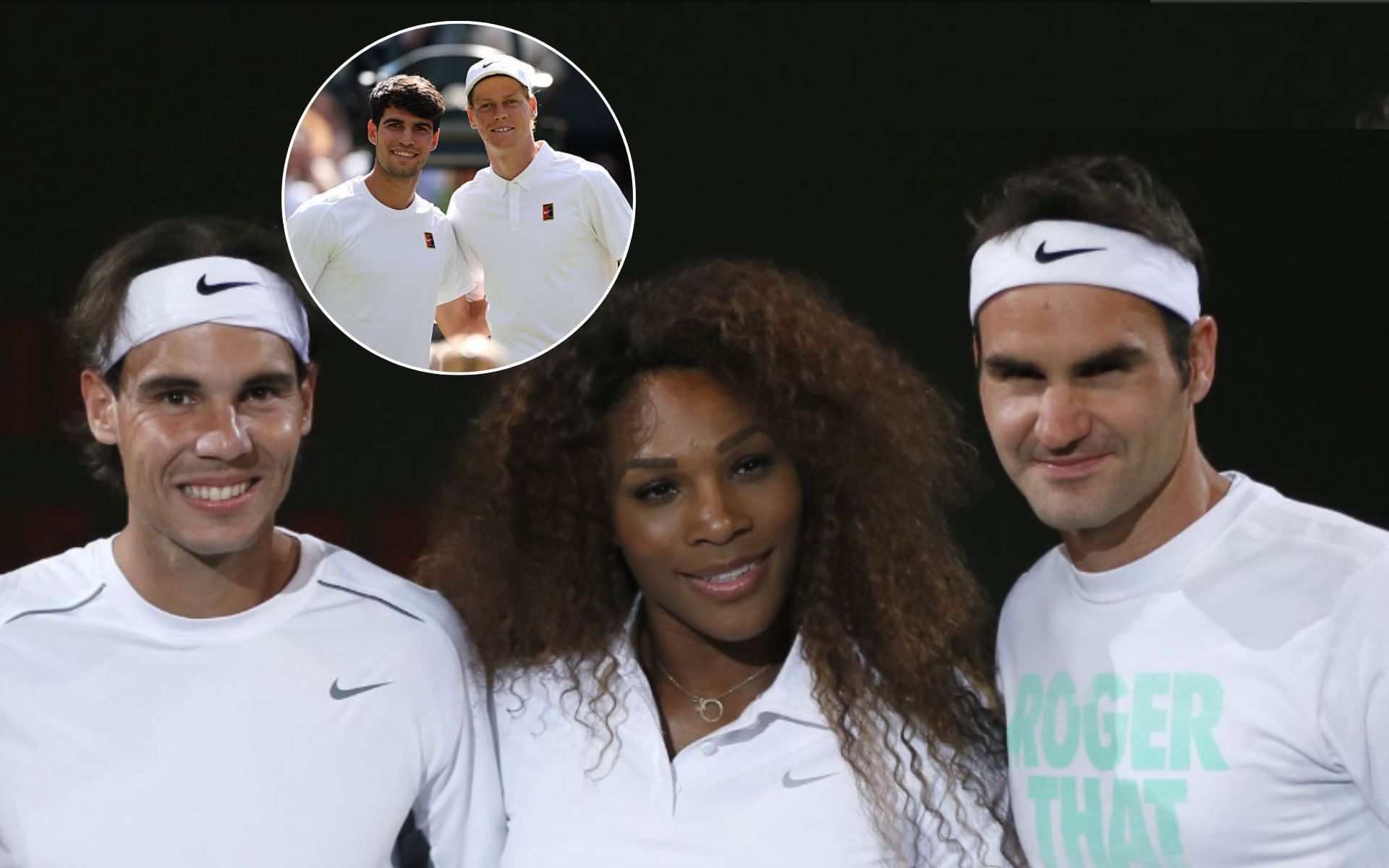Roger Federer, Rafael Nadal and Serena Williams, Carlos Alcaraz and Jannik Sinner (inset) - Image Source: Getty