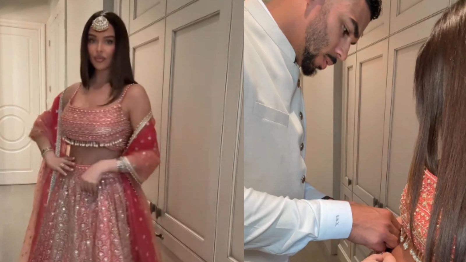 Evader Kane helps fiancee Mara with some needlework as she glams up for her 