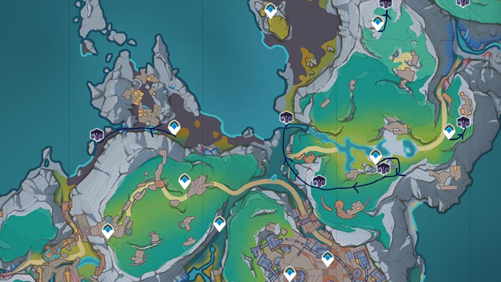 Locations of all Radiant Beast enemies on Barrowmoss Barrens area (Image via Sportskeeda Gaming || HoYoverse)