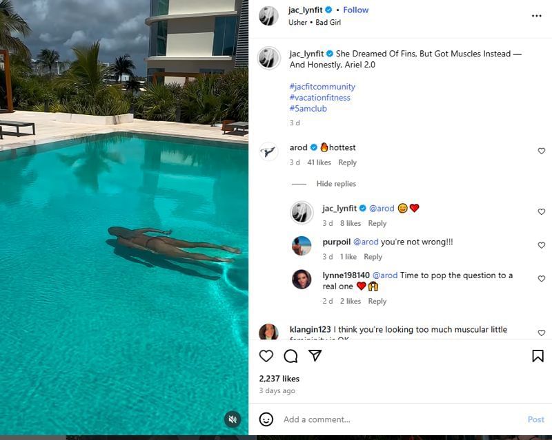 Alex Rodriguez reacted on his girlfriend Jaclyn Cordeiro post and she replied with a love emoji. (Source: @jac_lynfit/ Instagram)