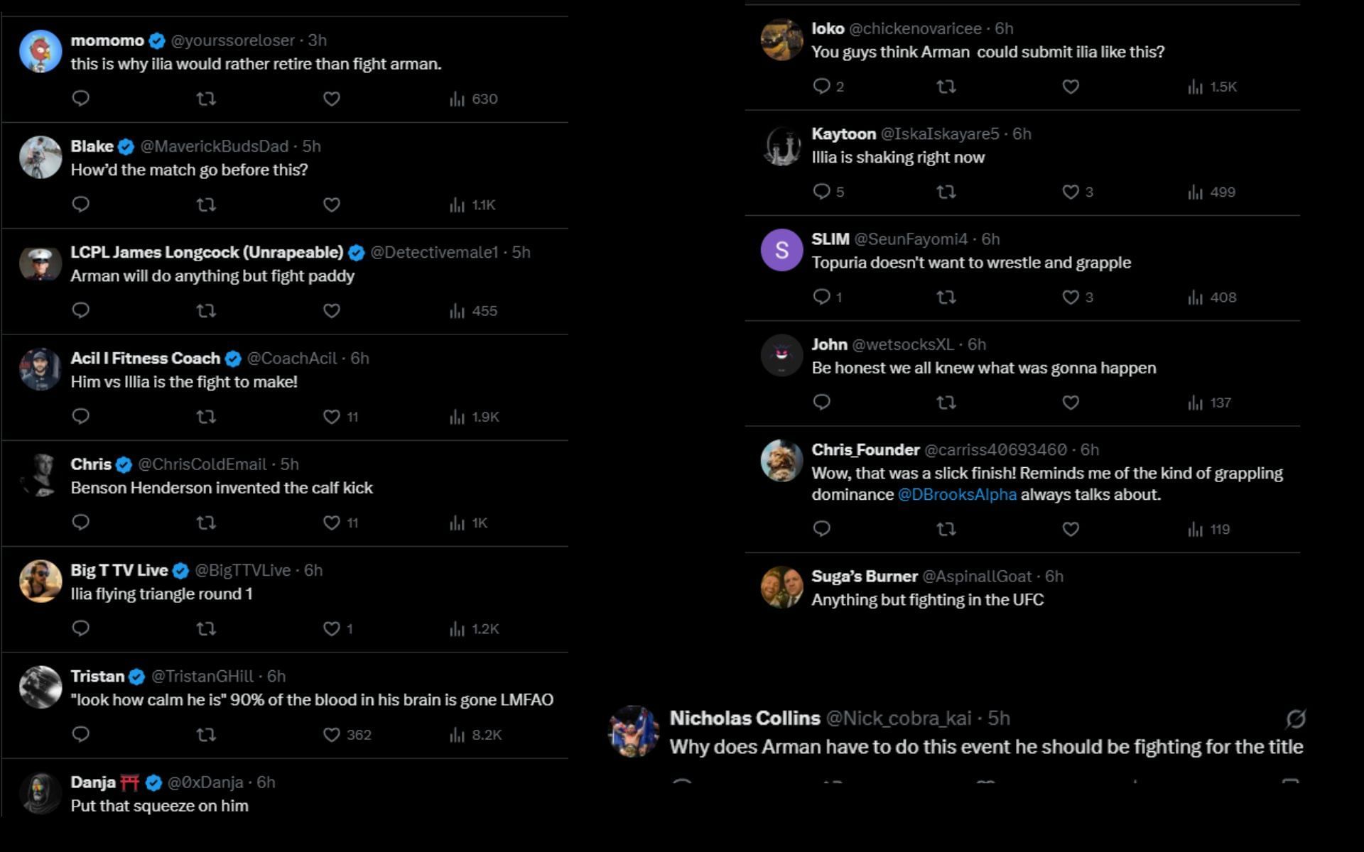 Fans react to Arman Tsarukyan&#039;s submission win over Benson Henderson. [Screenshots courtesy: @ChampRDS on X]
