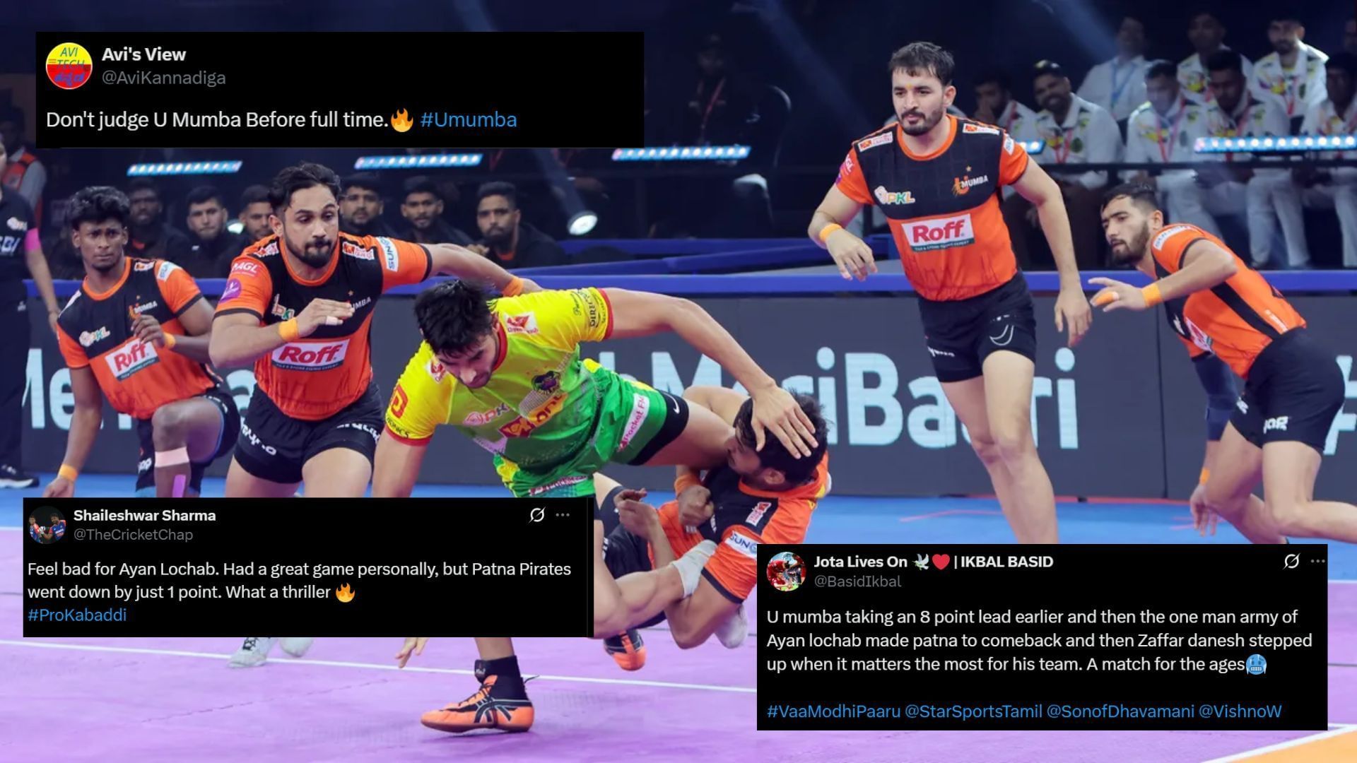 U Mumba beat Patna Pirates in a thrilling clash in PKL 12 (Image Credits: PKL/@AviKannadiga,@TheCricketChap,@BasidIkbal/X)