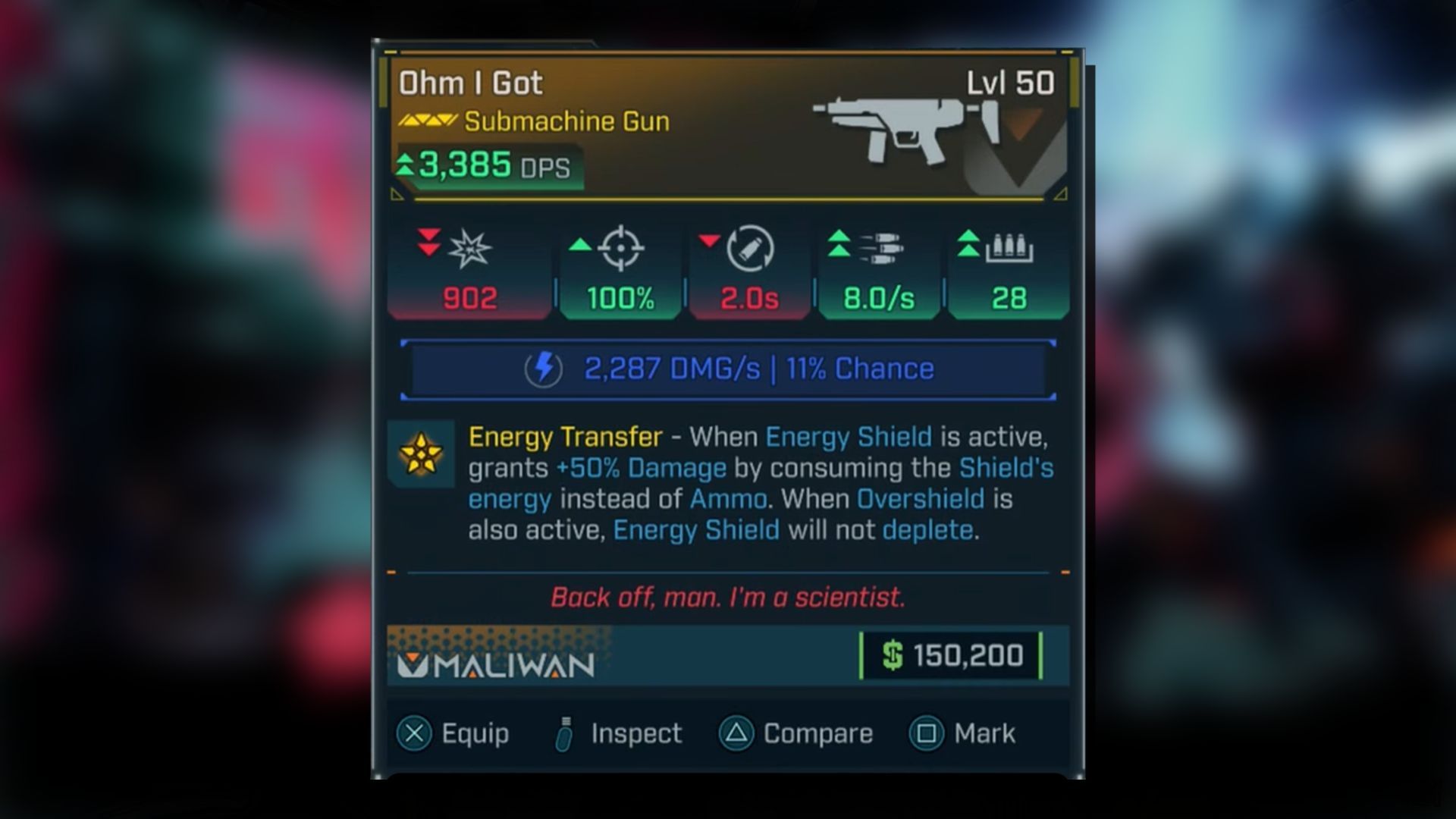 Ohm I Got SMG, manufactured by Maliwan, is an extremely powerful weapon that uses shield energy as ammunition (Image via Gearbox Software)