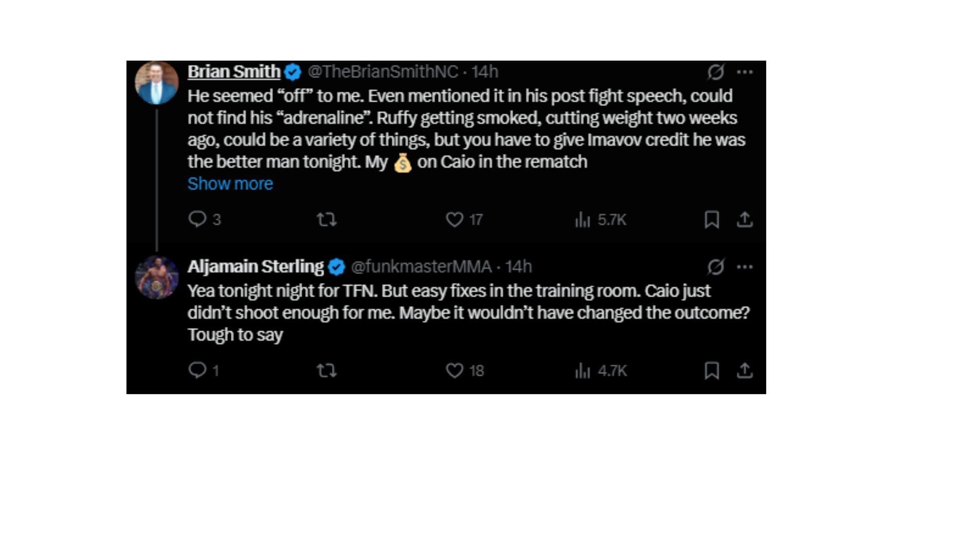 Aljamain Sterling&#039;s comment. [Screenshot courtesy: @funkmasterMMA on X]