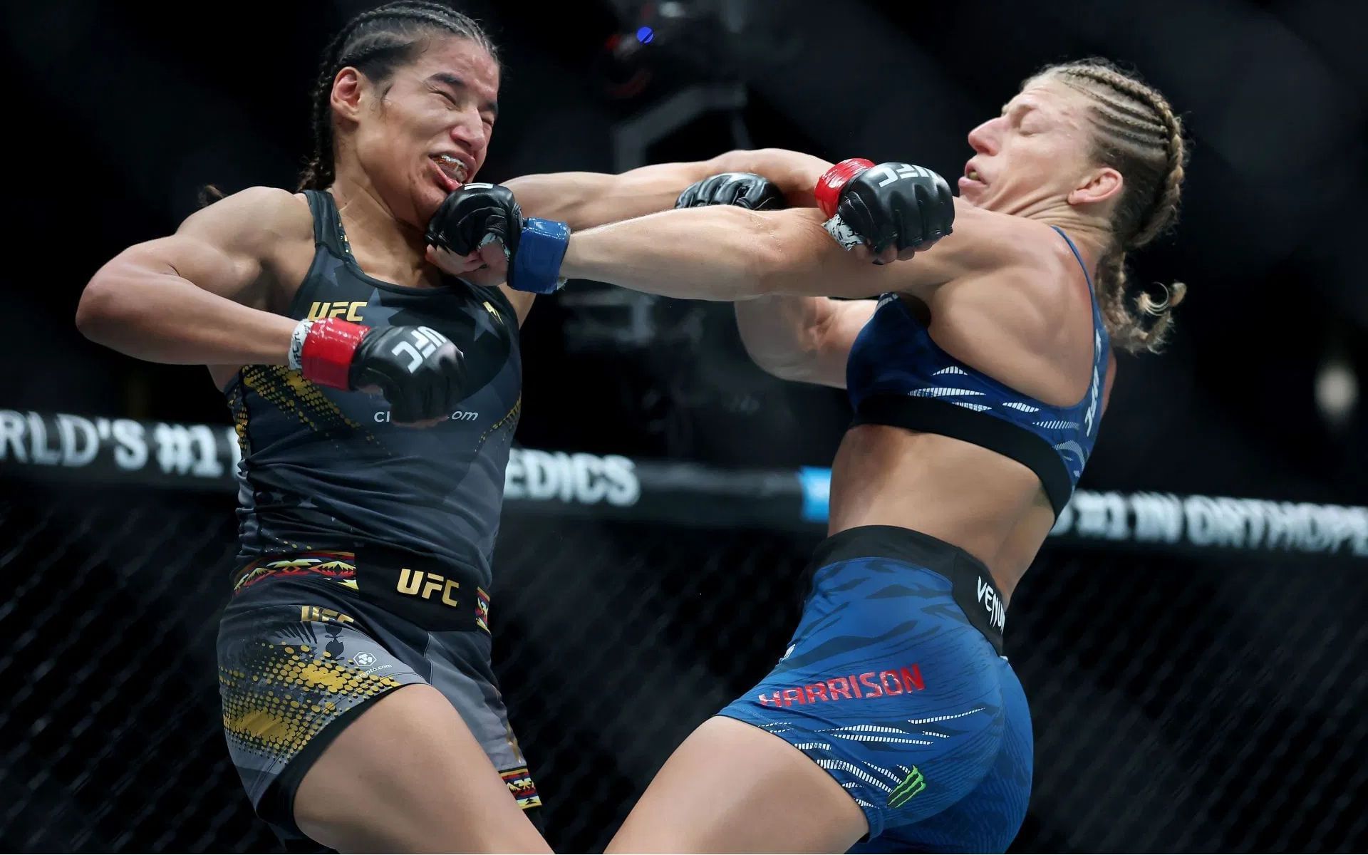 Kayla Harrison (right) talks about Julianna Pena (left). [Image courtesy: Getty]