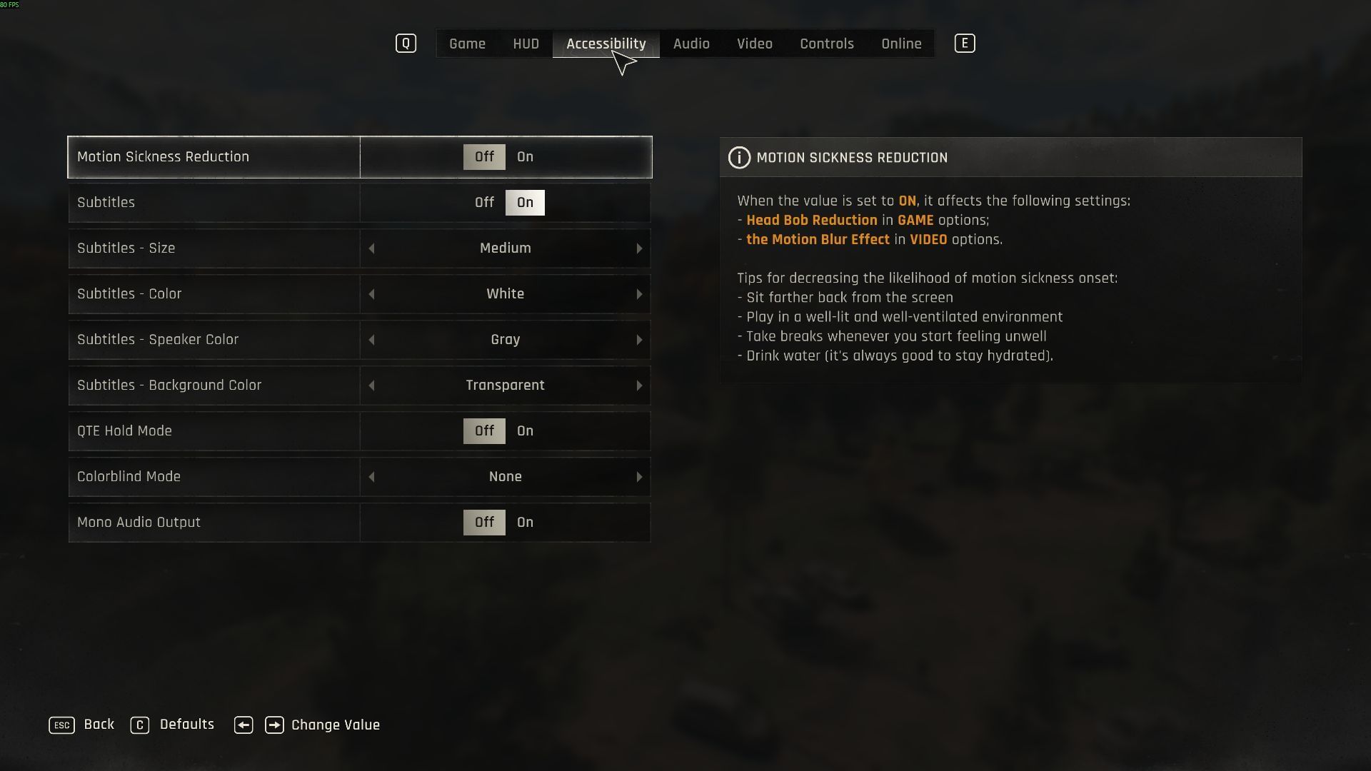 Accessibility options in The Beast (Image via SK Gaming || Techland)