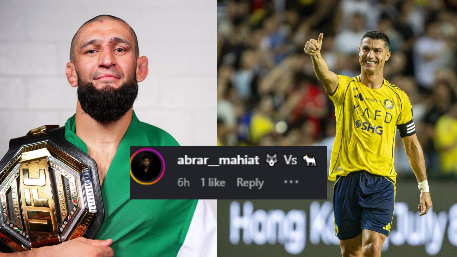 Fans react after Khamzat Chimaev (left) playfully calls out Cristiano Ronaldo (right). [Images courtesy: Getty Images]
