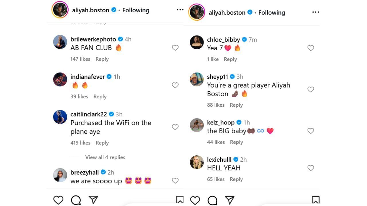 Caitlin Clark and Fever teammates react to Aliyah Boston&#039;s IG post following series-clinching win against the Atlanta Dream on Thursday. [photo: @aliyah.boston/IG]