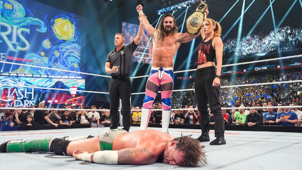 Seth Rollins and Becky Lynch stands tall at Clash in Paris. (Photo: WWE.com)