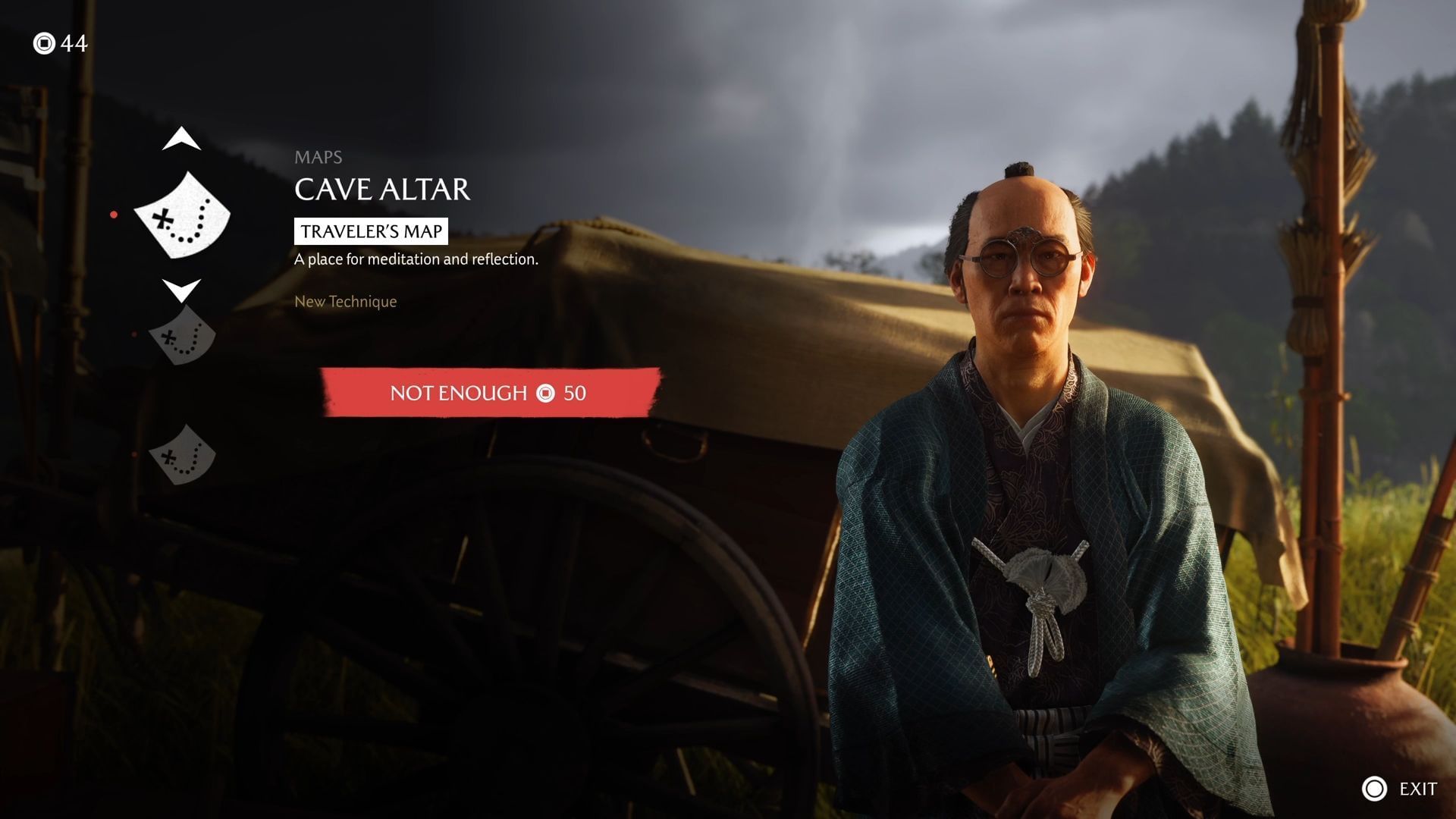 Buying Traveller&#039;s Maps in Ghost of Yotei (Image via SK Gaming / Sucker Punch)