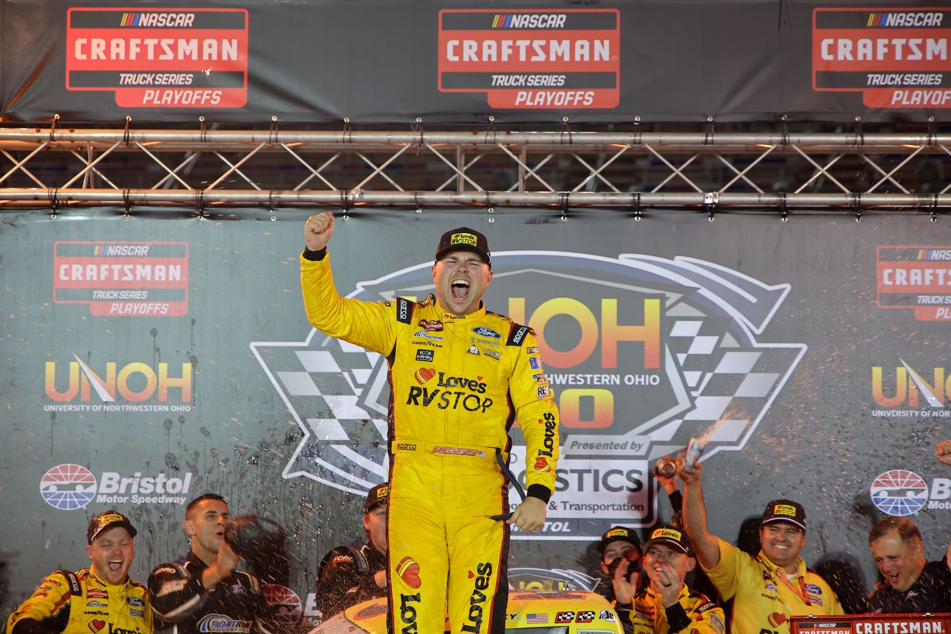 Layne Riggs (34) after winning the NASCAR Craftsman Truck Series race at Bristol. Source: Getty