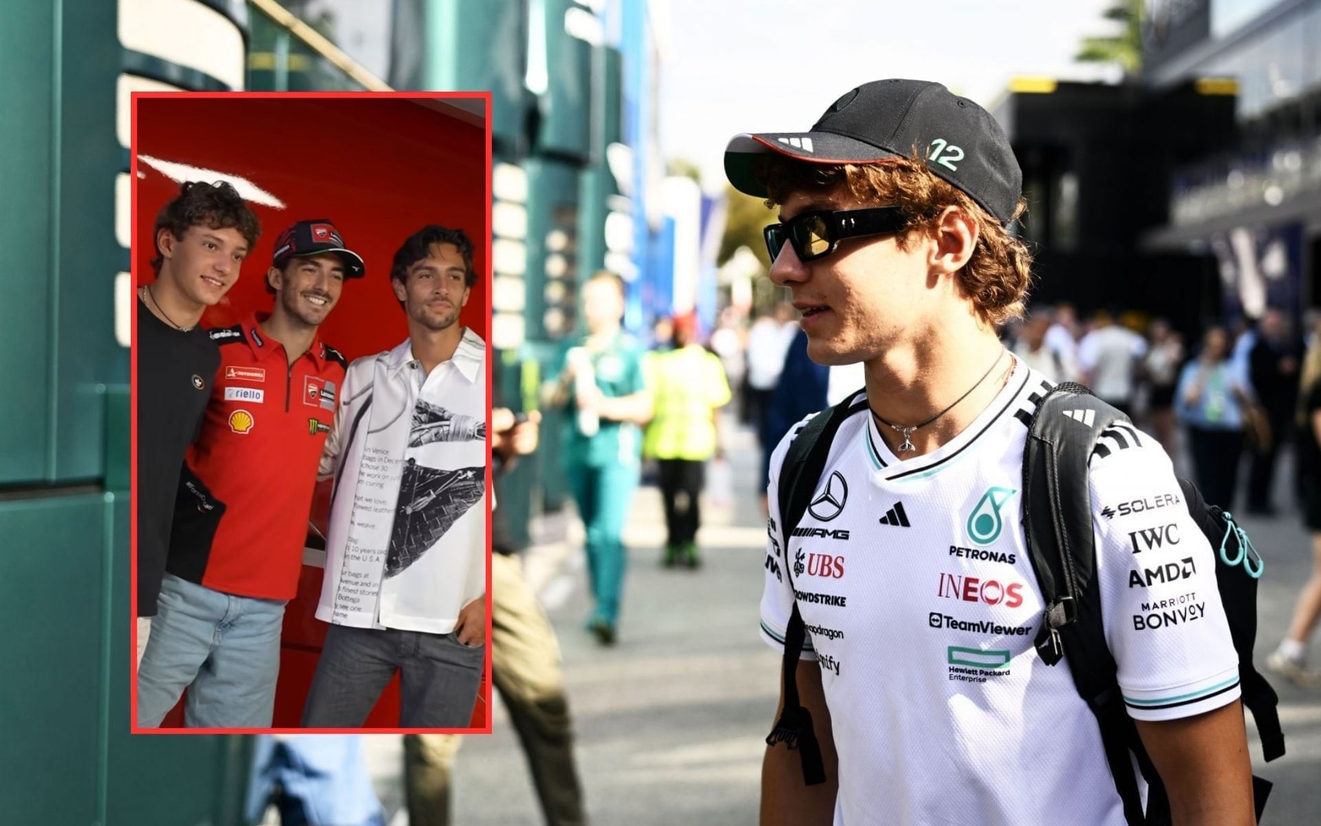 Kimi Antonelli, Francesco Bagnaia, and Lorenzo Musetti at the 2025 MotoGP San Marino Grand Prix