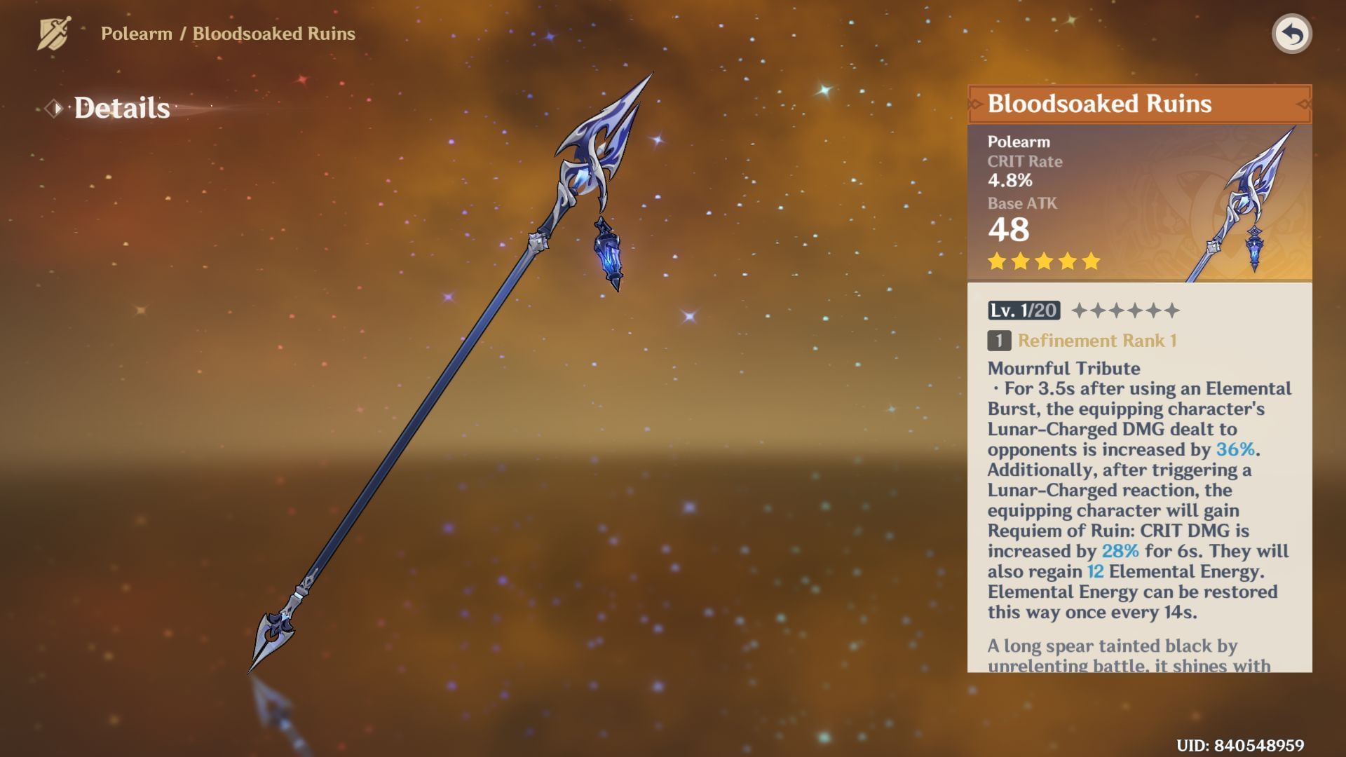 Bloodsoaked Ruins is Flins&#039;s signature weapon (Image via HoYoverse)