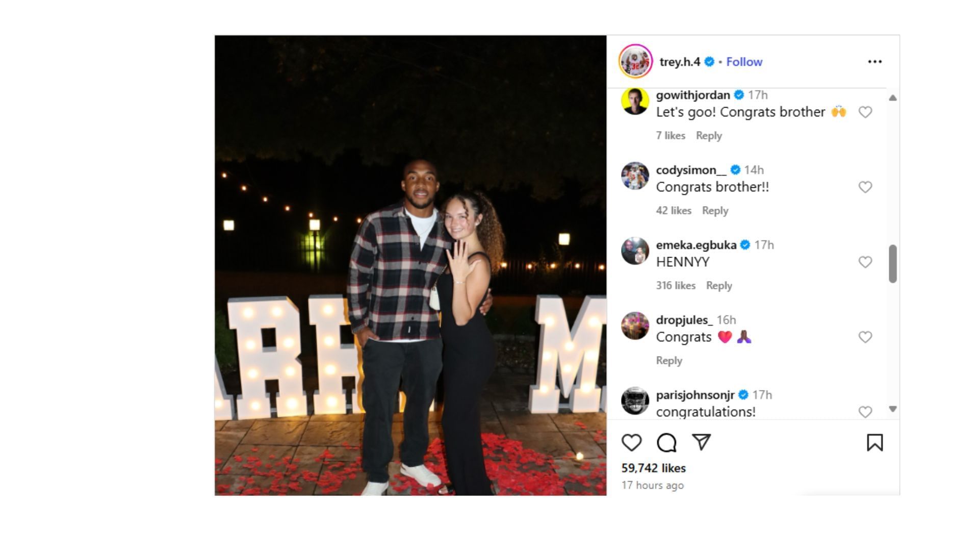 Emeka Egbuka left a comment on former teammate TreVeyon Henderson&#039;s engagement post. (Photo via TreVeyon Henderson&#039;s Instagram)
