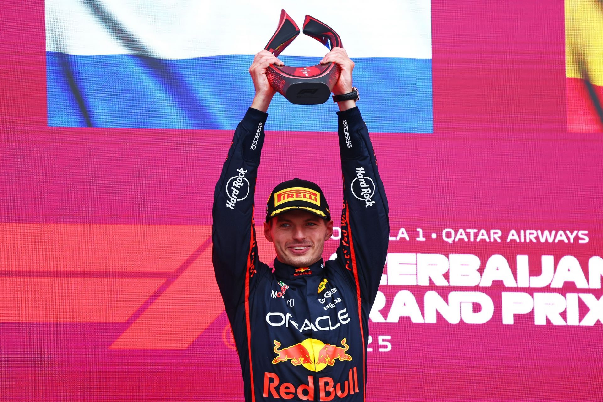 Red Bull&#039;s Max Verstappen holding the first-place trophy for winning the 2025 F1 Grand Prix of Azerbaijan - Source: Getty